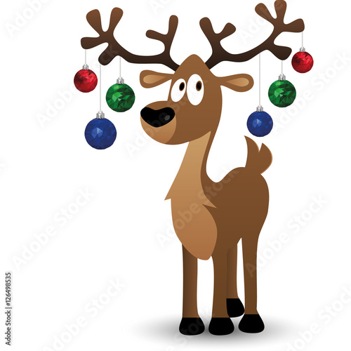 Merry Christmas card with cartoon deer, tree toys on big horns