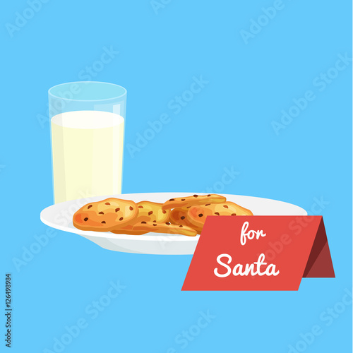Christmas white milk in a glass with chocolate cookies on a plate and sign for Santa Claus, treats icon in the New Year's Eve vector illustration