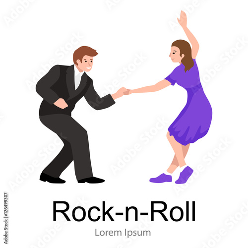 Young couple dancing lindy hop or swing in a formation, man and woman Rock and Roll dancing