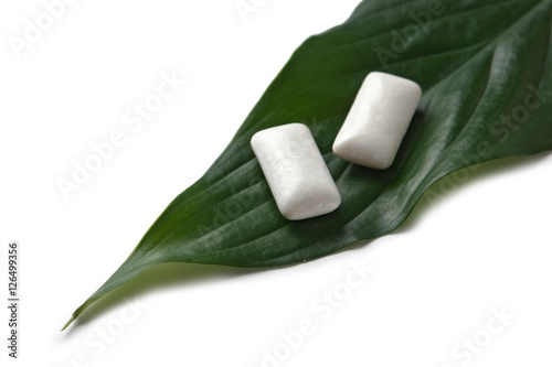 chewing gum on a green leaf