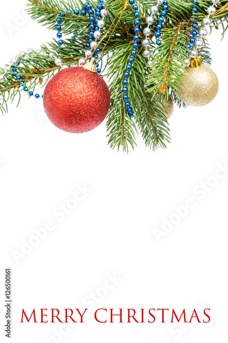 Christmas greeting card. Isolated tree with balls and ornament o
