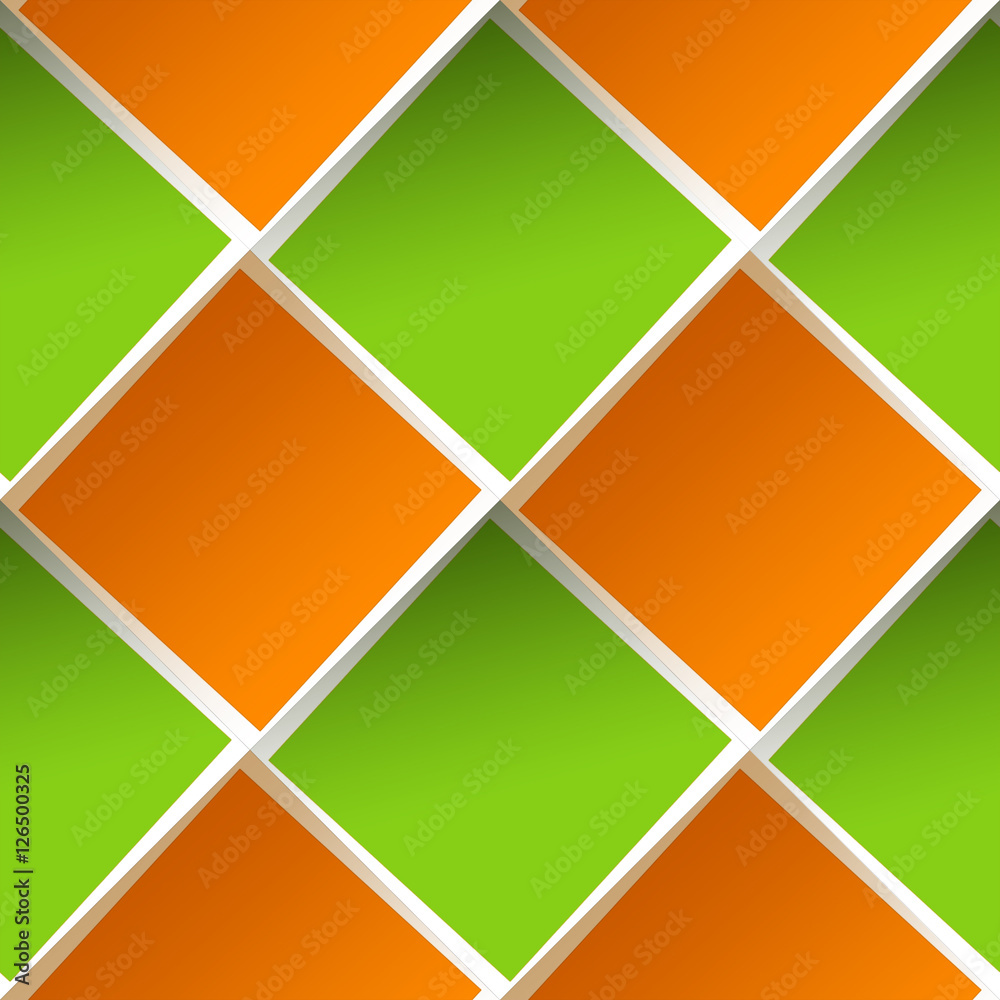 Seamless pattern, bright structure with paper orange and green squares ...