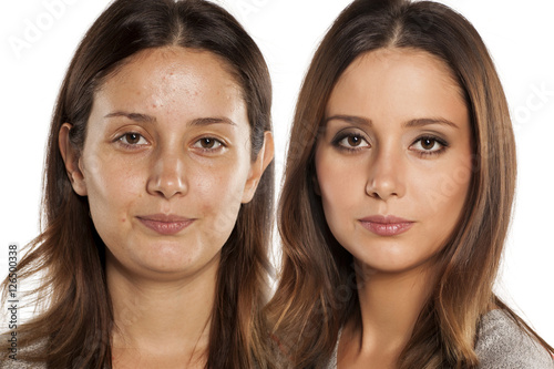 Konstfotografi comparative portrait of the same woman, with and without makeup