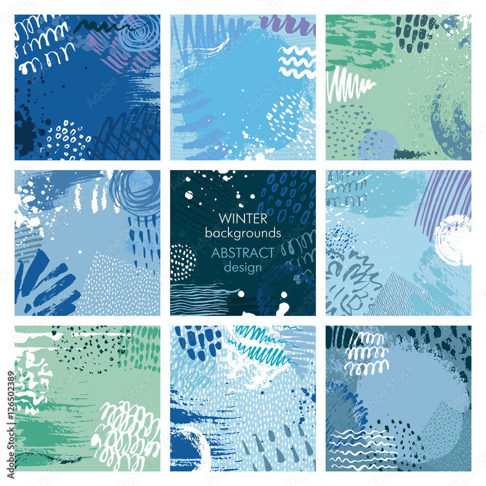 Set of nine abstract vector backgrounds with hand drawn ink texture.