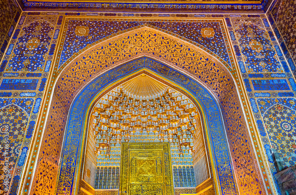 Interior of Tilya-Kori Madrasah on Registan Square in Samarkand, Uzbekistan