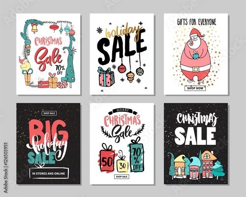 Set of creative sale holiday website banner templates. Christmas and New Year illustrations.