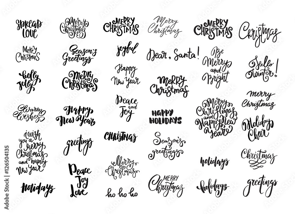 Set of Christmas and New Year design lettering. Handwritten XMAS wishes. Hand drawn signs for greeting card, invitation.