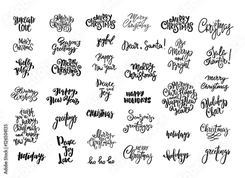 Set of Christmas and New Year design lettering. Handwritten XMAS wishes. Hand drawn signs for greeting card, invitation.