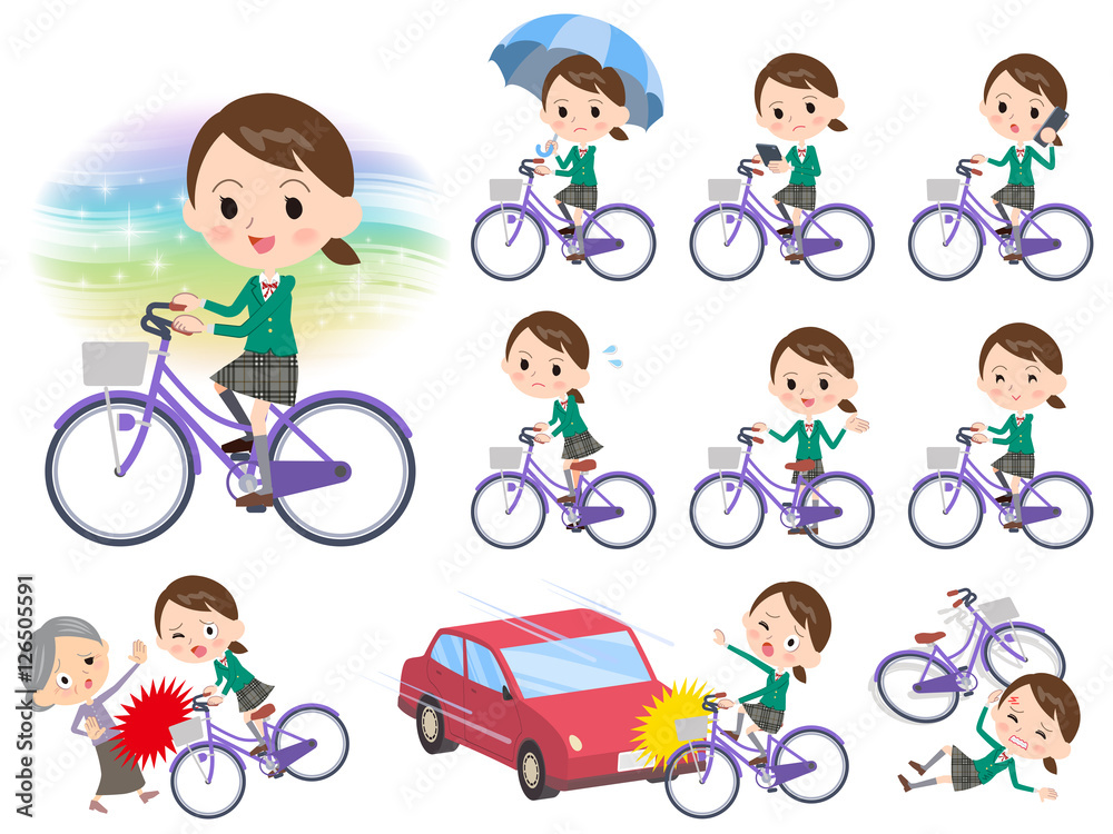 school girl Green Blazer ride on city bicycle school girl Green Blazer ride on city bicycle
