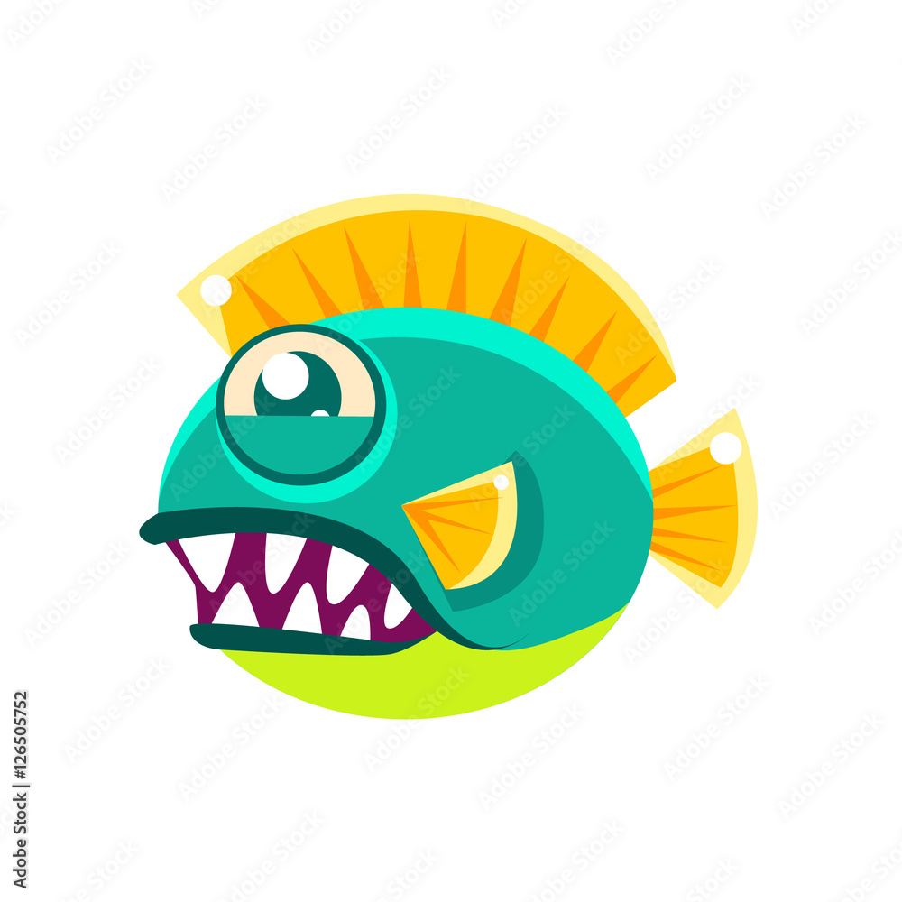 Agressive Round Turquoise Fantastic Aquarium Tropical Fish With Big Teeth  Cartoon Character Stock Vector | Adobe Stock