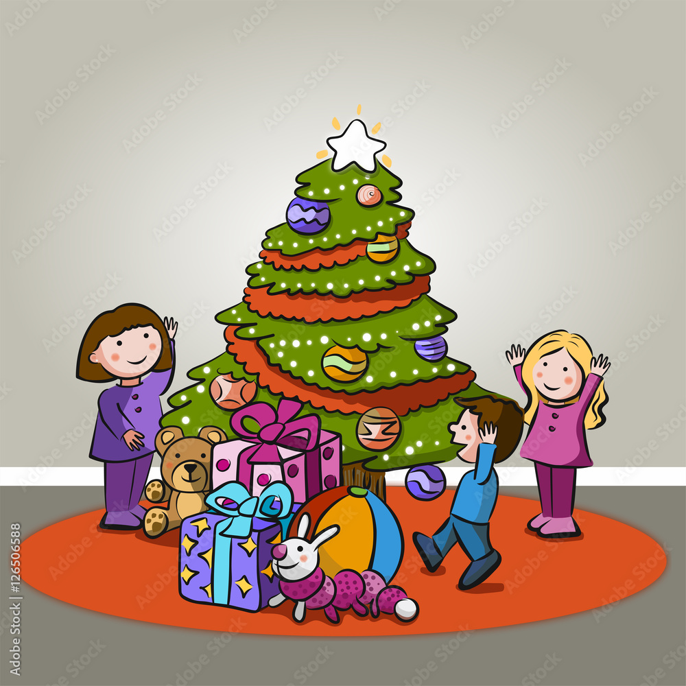 Niños decorando el árbol de Navidad