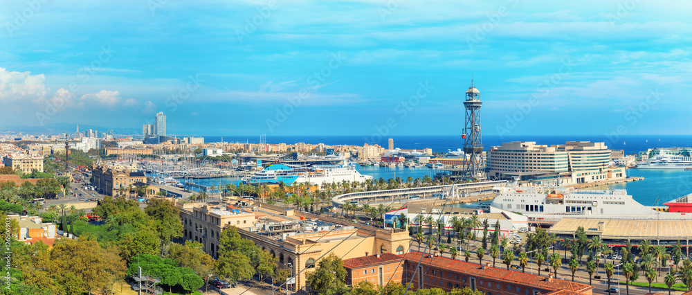 Fototapeta premium Barcelona beach and quay and port from Montjuic mountain viewpoint, Spain