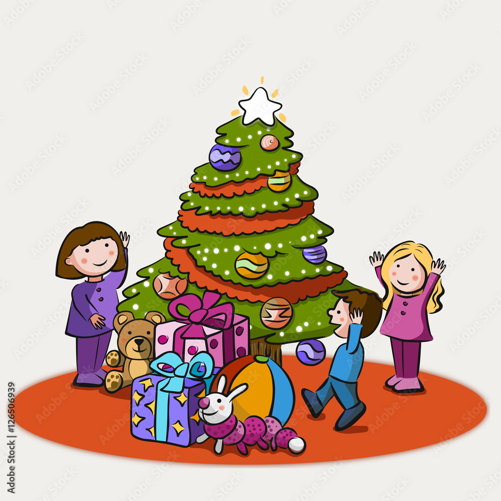 Niños decorando el árbol de Navidad Niños decorando el árbol de Navidad