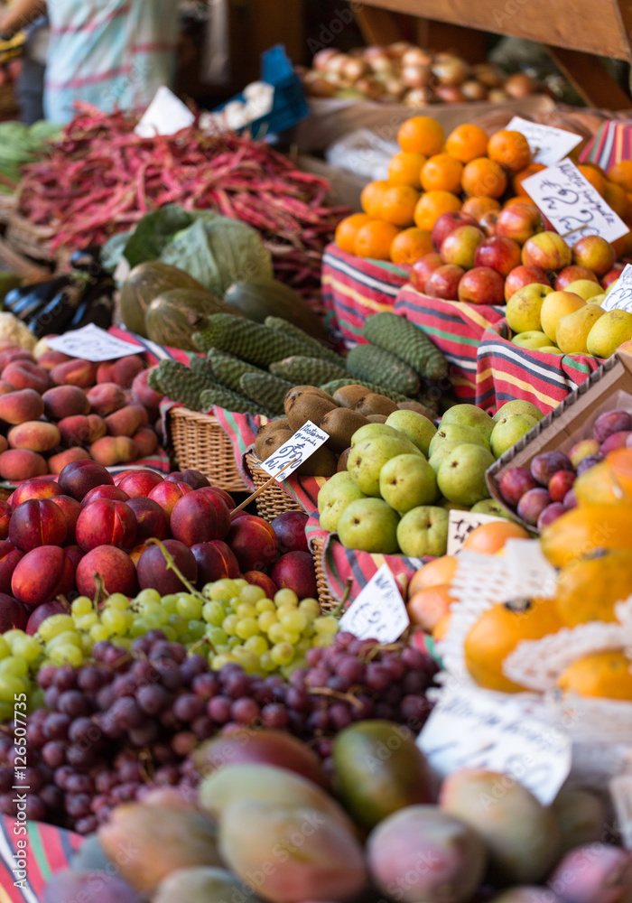 Fresh exotic fruits in Mercado Dos Lavradores. Funchal, Madeira, Portugal