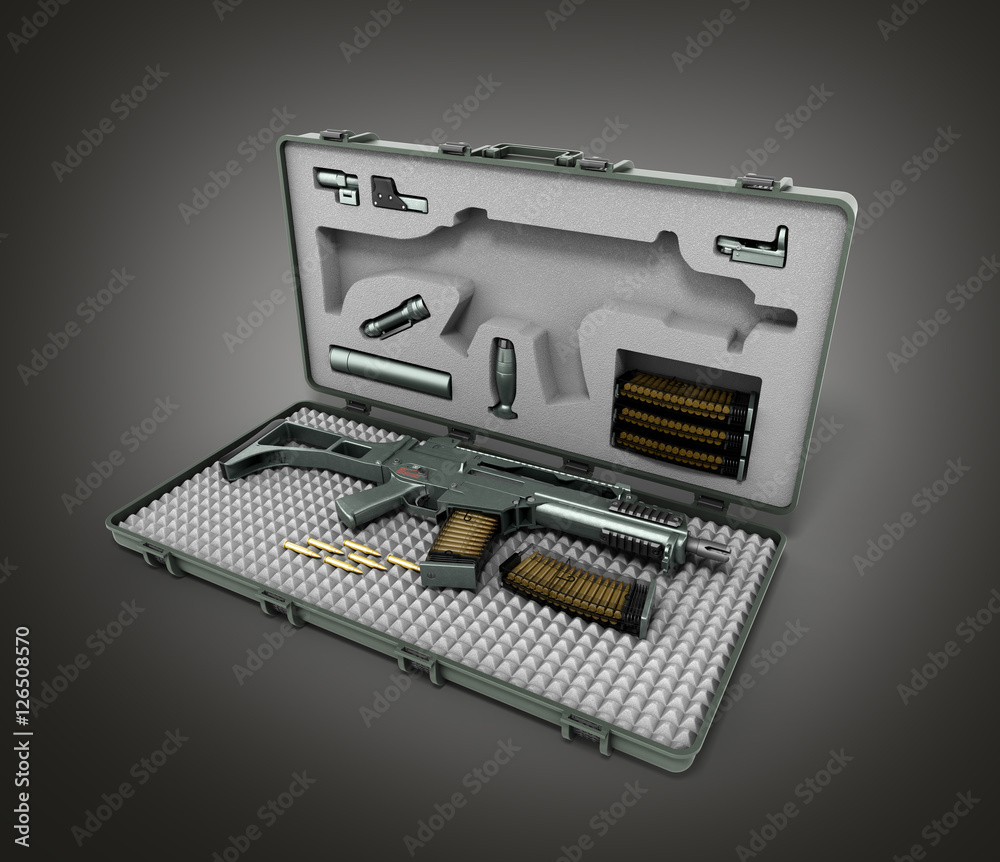 gun in the briefcase 3d render on a gradient background gun in the briefcase 3d render on a gradient background