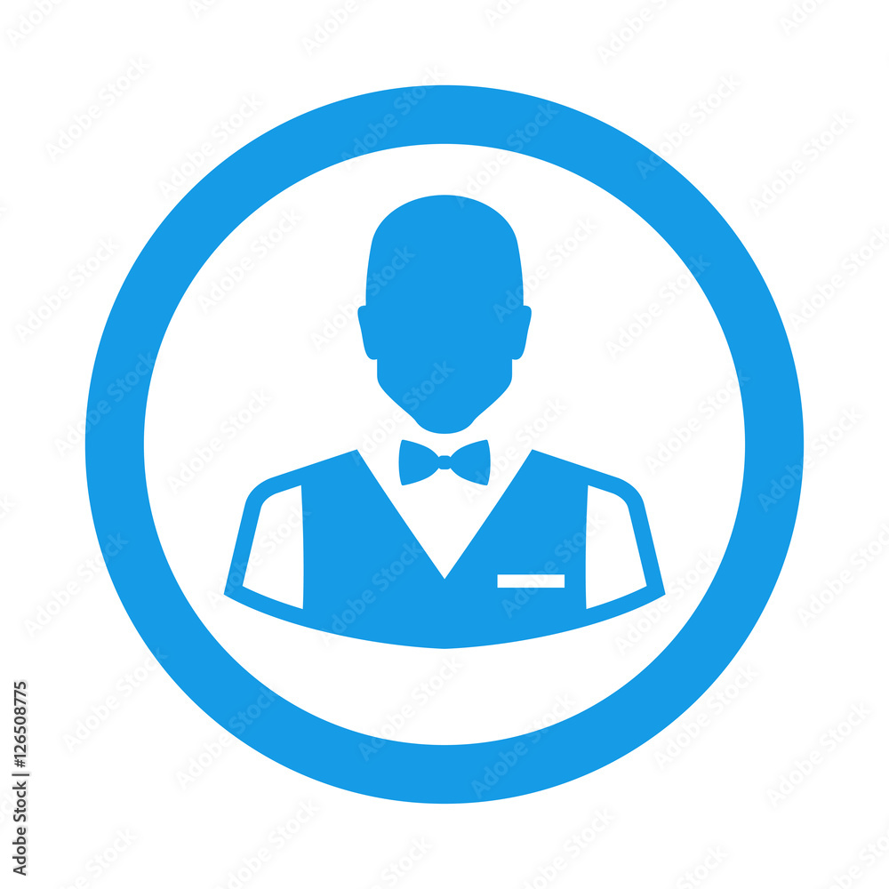 Icono plano silueta camarero en circulo color azul Icono plano silueta camarero en circulo color azul