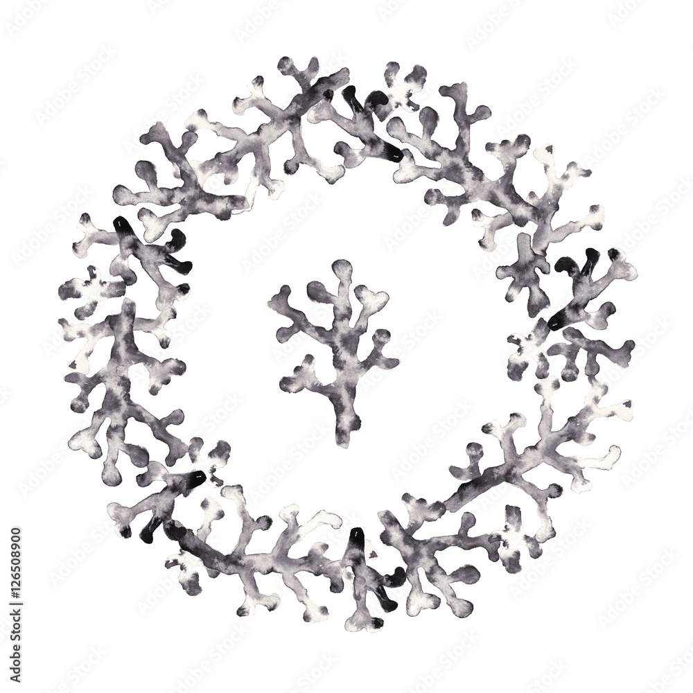 Watercolor wreath of twigs with hoarfrost on a white background. Hand-painted illustration
