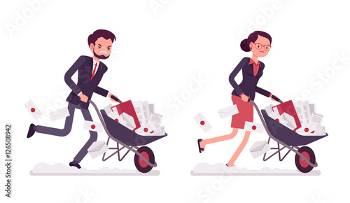 Set of office workers pushing a wheelbarrow with documents