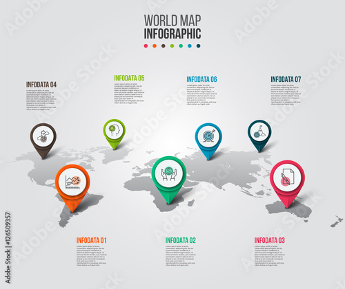 Vector world map with pointer marks.