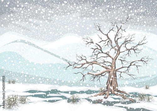 Vektor Illustration von Winter in den Bergen Neuschnee Moor mit altem Baum und Gras