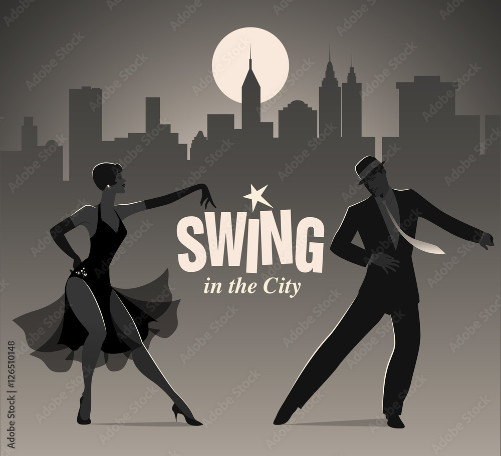 Vettoriale Stock Swing in the City: Elegant couple dressed in 1950s clothes  style, dancing jazz or swing | Adobe Stock