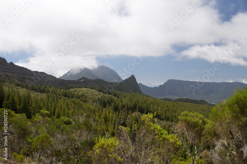 Mountains in Reunion Island National Park on a cloudy day