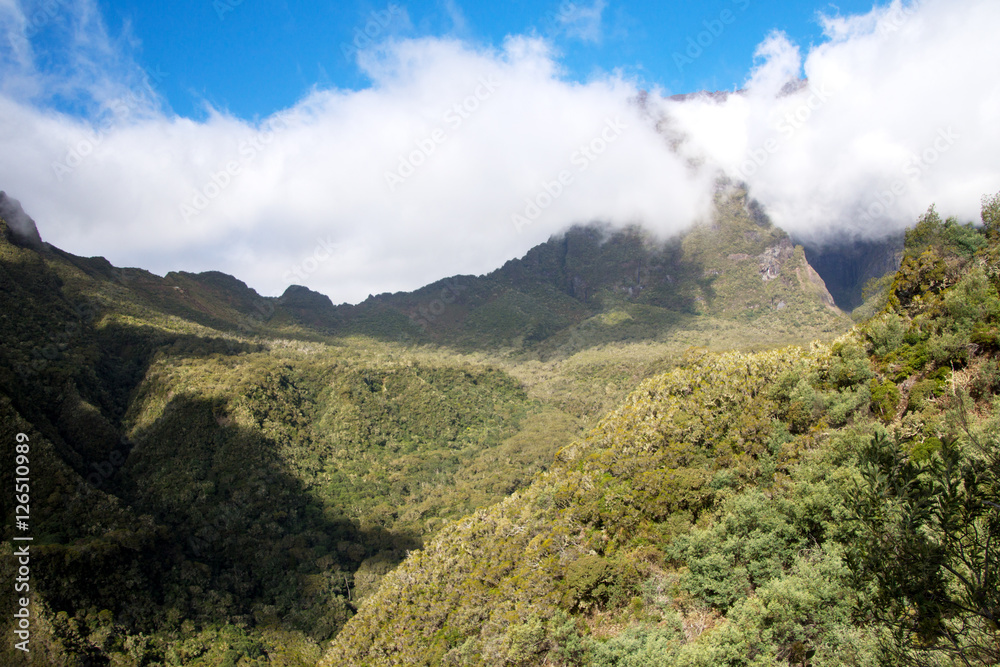 Mountains in Reunion Island National Park on a cloudy day
