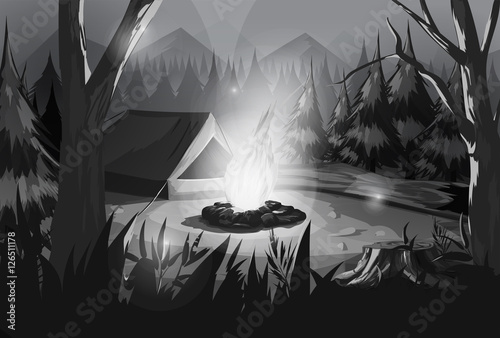 Illustration of camping in the forest