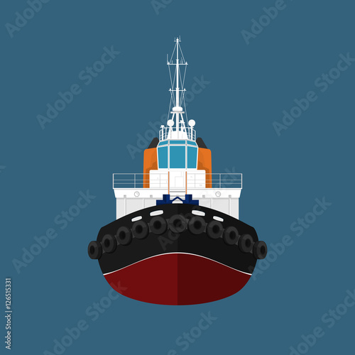 Front View of the Vessel Tugboat, Push Boat, Tow Boat for to Towage and Mooring of Other Courts , Vector Illustration