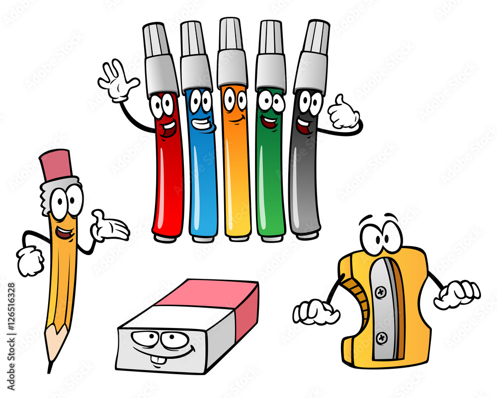 cartoon pencil, eraser, markers, sharpener Stock Illustration Adobe Stock