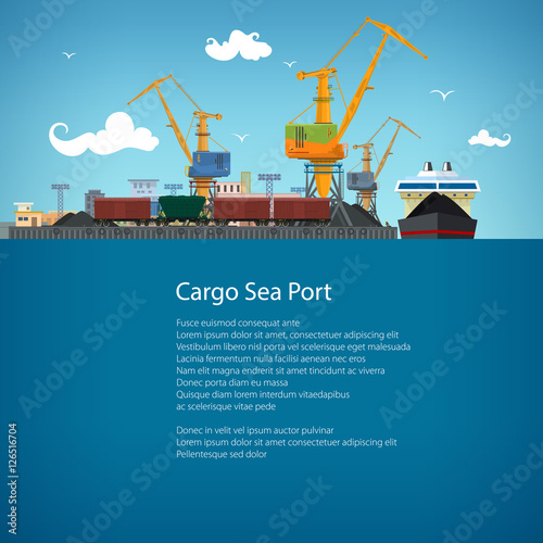 Unloading Coal or Ore from the Dry Cargo Ship, Sea Freight Transportation, Cargo Transport, Port Warehouses and Cranes and Train, Poster Brochure Flyer Design, Vector Illustration