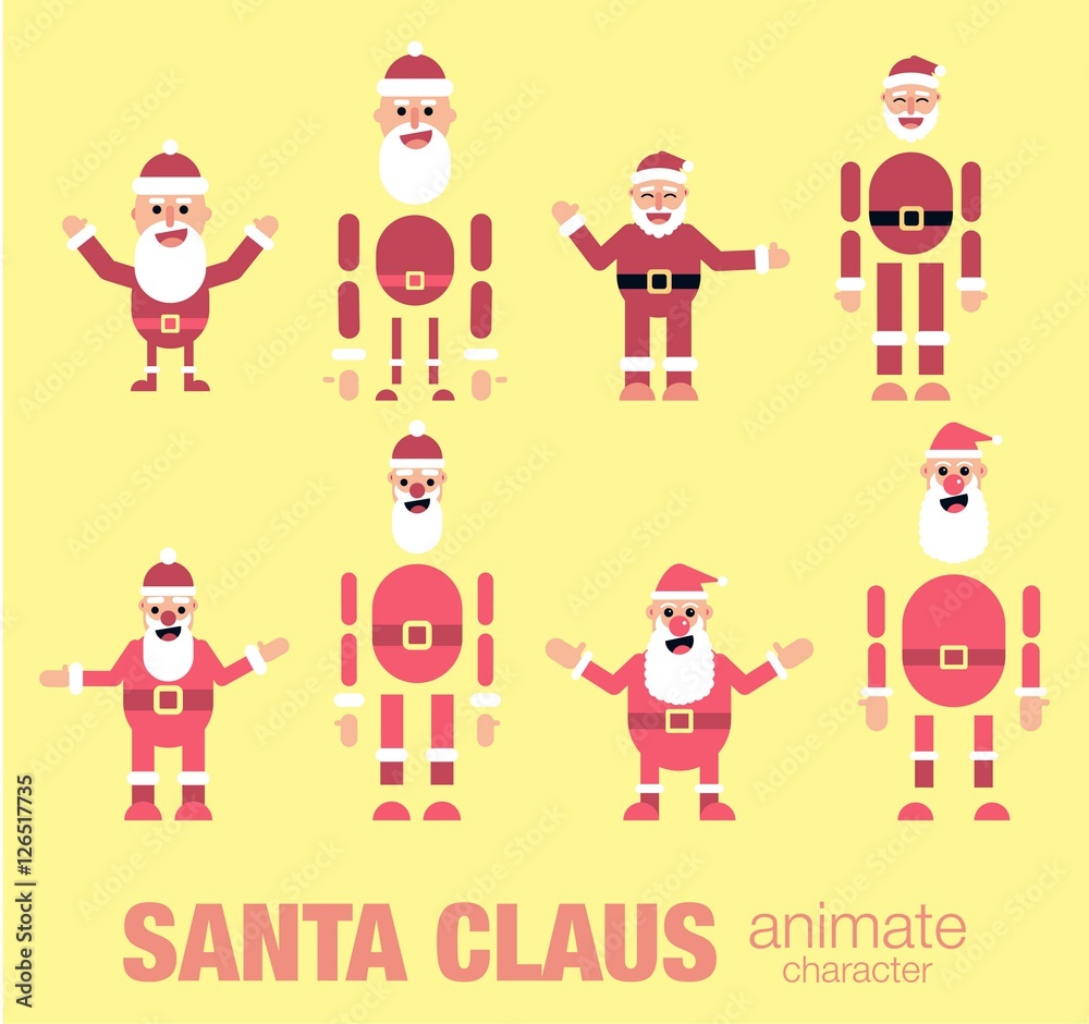Set of flat santa claus  character for your scenes. Santa claus animate character set