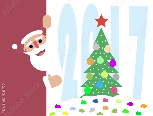 vector illustration with flat santa claus charcter and christmas tree on 2017 background