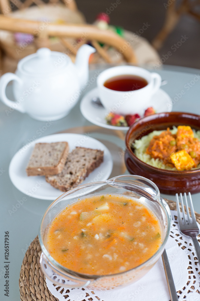 decorated table, a business lunch, hot soup, a cup of tea, Vegetarian decorated table, a business lunch, hot soup, a cup of tea, Vegetarian