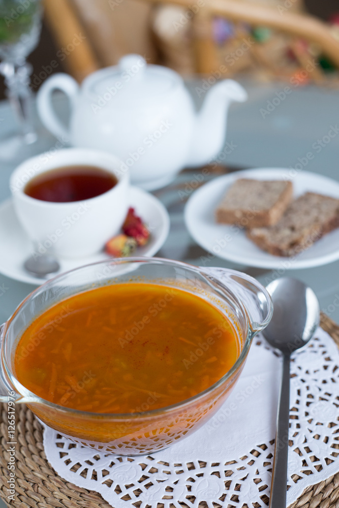 decorated table, a business lunch, hot soup, a cup of tea, Vegetarian decorated table, a business lunch, hot soup, a cup of tea, Vegetarian