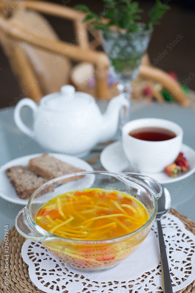 decorated table, a business lunch, hot soup, a cup of tea, Vegetarian decorated table, a business lunch, hot soup, a cup of tea, Vegetarian