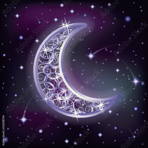 Silver moon and night starry sky, vector illustration