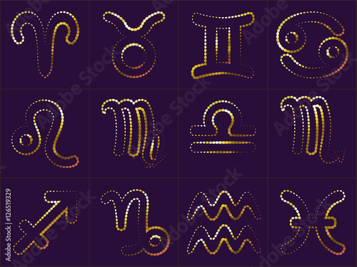 Golden Zodiac Signs Stickers Aries Taurus Gemini Cancer Leo Virgo Libra Scorpio Sagittarius Capricorn Aquarius and Pisces. Horoscope astrology symbols vector