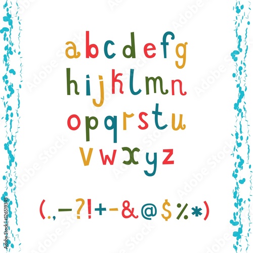 Colorful hand drawn doodle alphabet with lower case letters and punctuation marks. Vector set.