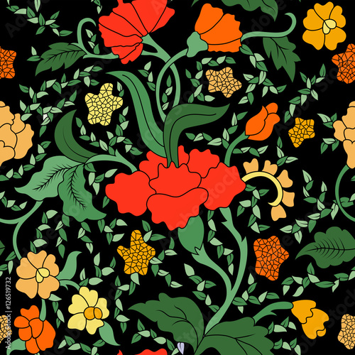 Fototapeta Naklejka Na Ścianę i Meble -  Colorful Red, Yellow and Green East Asian Seamless Floral Pattern on Black Background.