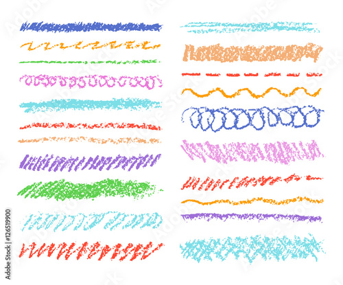 Set of colorful wax crayon strokes isolated on white. Hand drawn pastel chalk circle stripes background. Vector kids hand painting texture design elements.