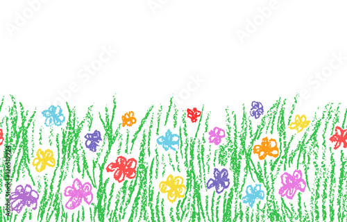 Wax crayon hand drawn green grass with color flower isolated on white. Seamless kid`s drawn background banner. Vector pastel chalk copyspace design element.