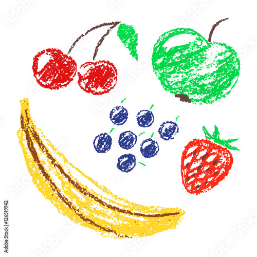 Set of hand drawn wax crayon fun color juicy fruits. Hand painted strawberry, banana, apple, blueberries, cherries, currant. Vector collection on white background.