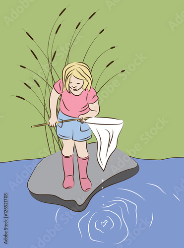 Little girl or young child abstract cartoon vector with a net standing on a rock holding a fishing net looking to catch something