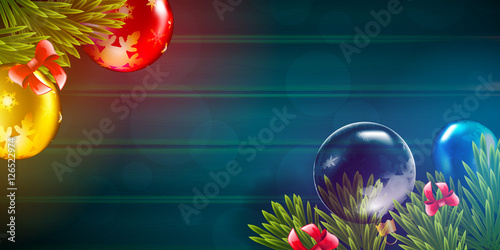 Christmas vector background with fir tree branch color bulbs for winter New 2017 Year holidays celebration illustration flyer and postcard design