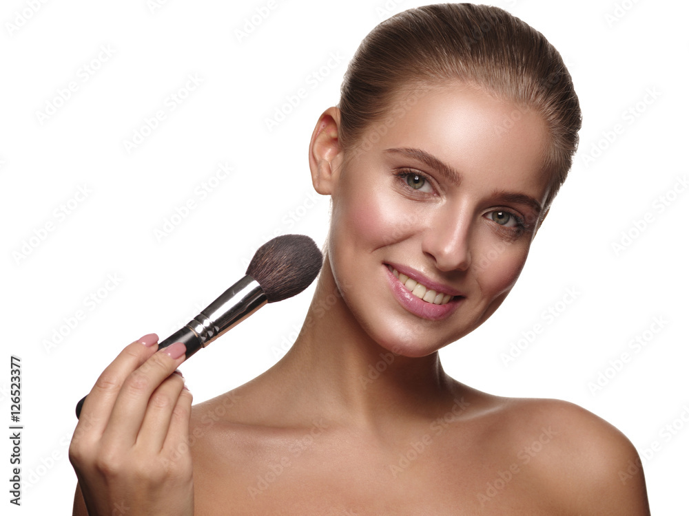 Portrait of a girl with pure and healthy glowing smooth skin, who is applying daily makeup on her face using a brush in her hand, studio shoot, white isolated background
Portrait of a girl with pure and healthy glowing smooth skin, who is applying daily makeup on her face using a brush in her hand, studio shoot, white isolated background