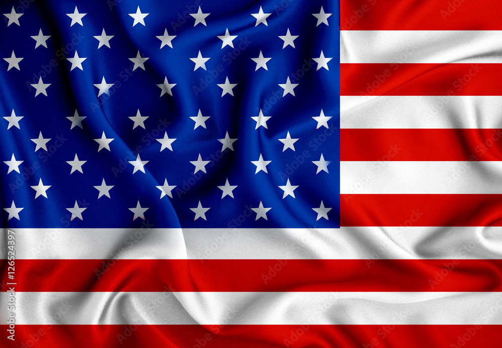 The American flag with wave luxury silk or satin fabric The American flag with wave luxury silk or satin fabric