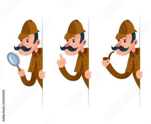 Detective with magnifying glass peeking out of the corner cartoon design vector illustration