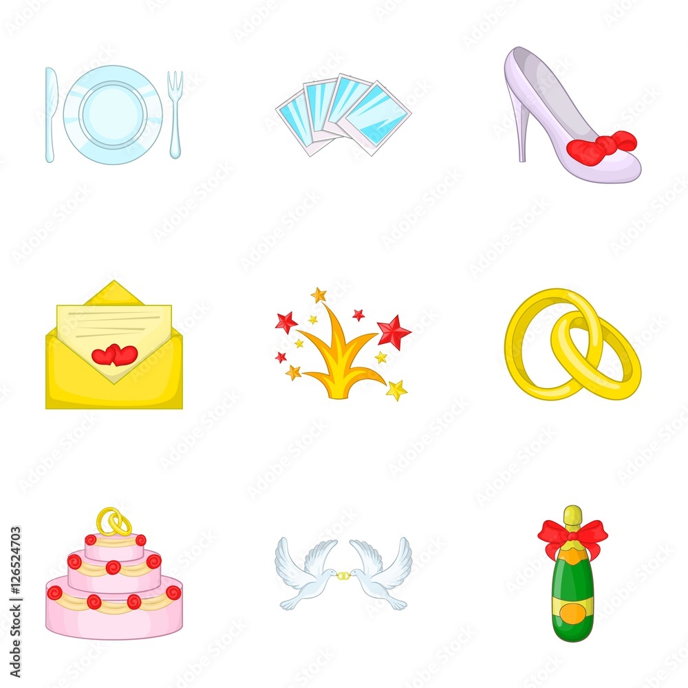 Marriage icons set. Cartoon illustration of 9 marriage vector icons for web