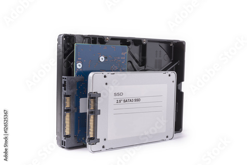 hard disks and solid state SATA drives on the white background,